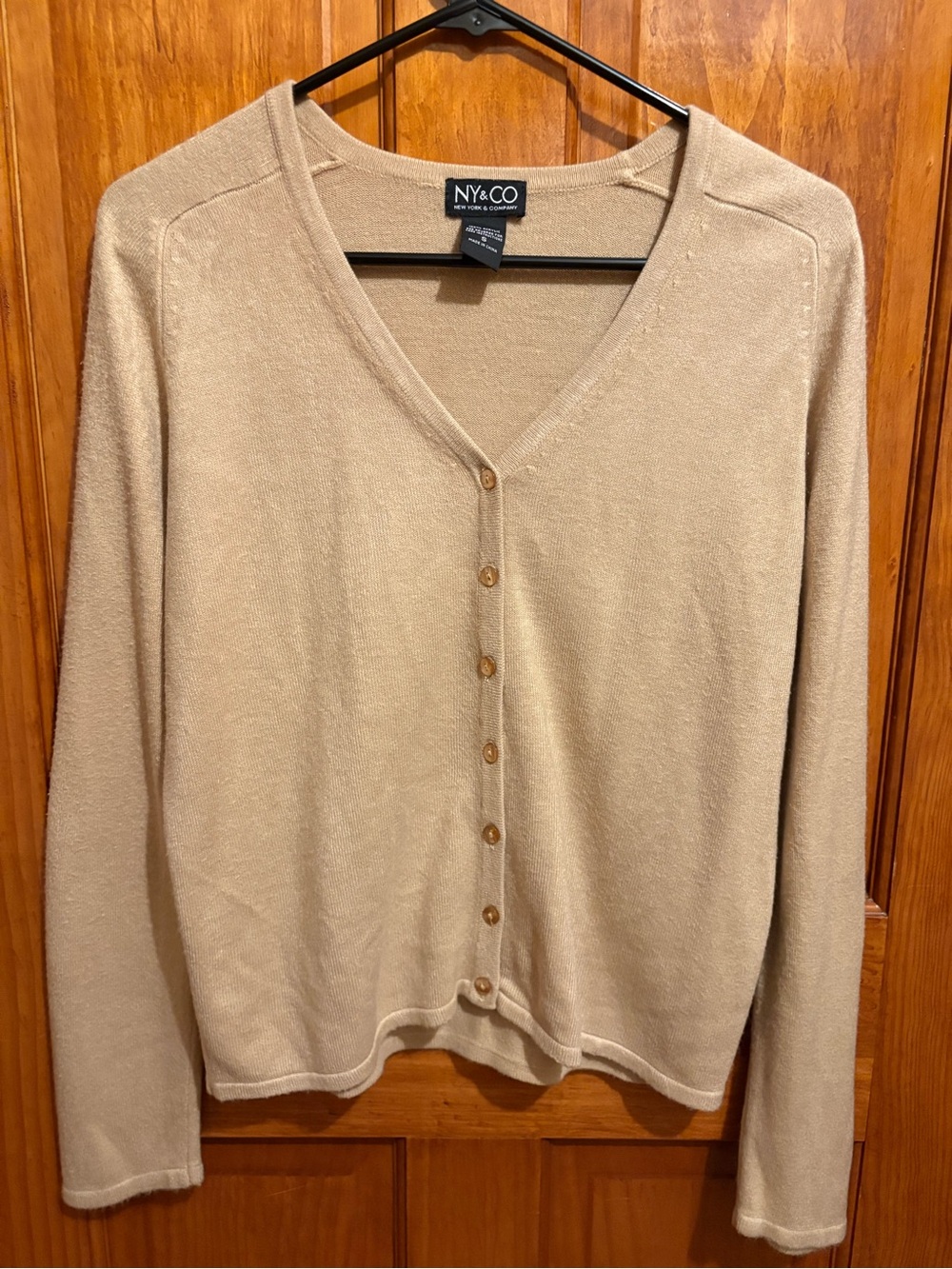 New York & Company Camel Beige V-Neck Button Cardigan